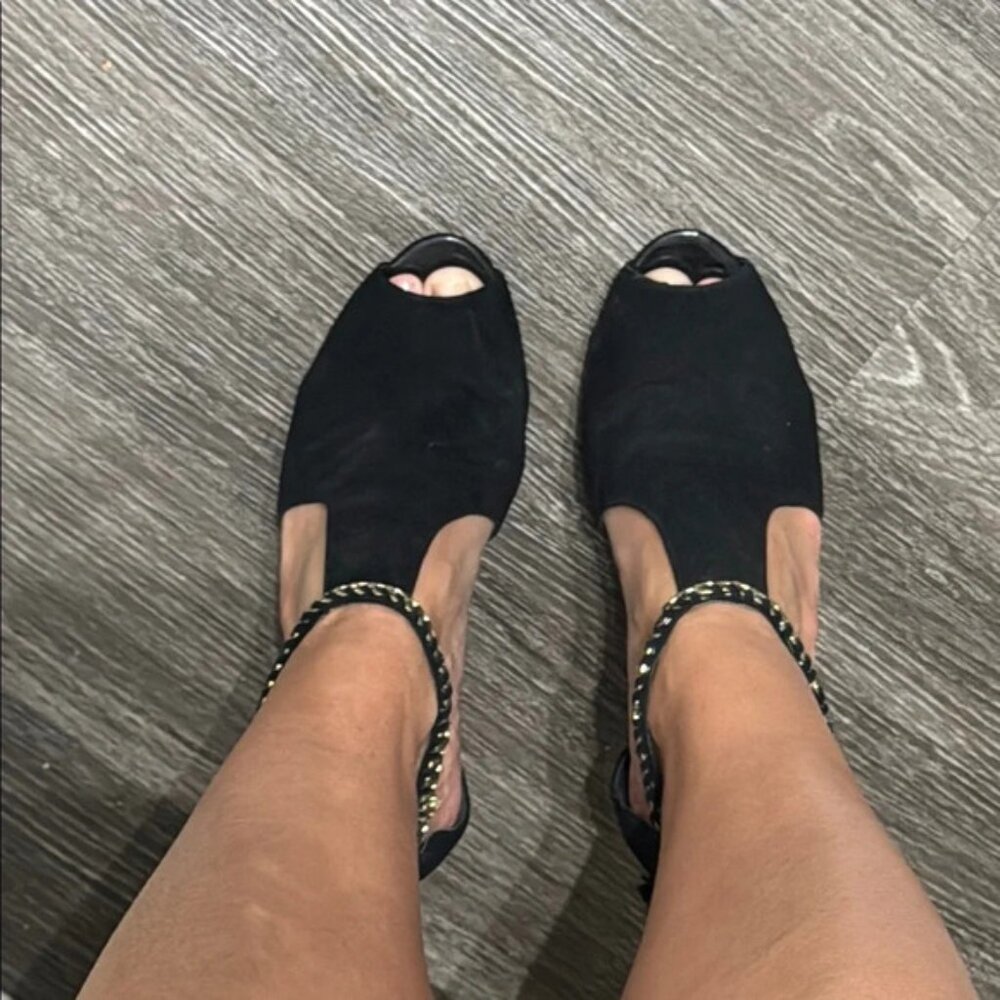 White House Black Market Black Heels with Open Toe Design and Textured Fabric